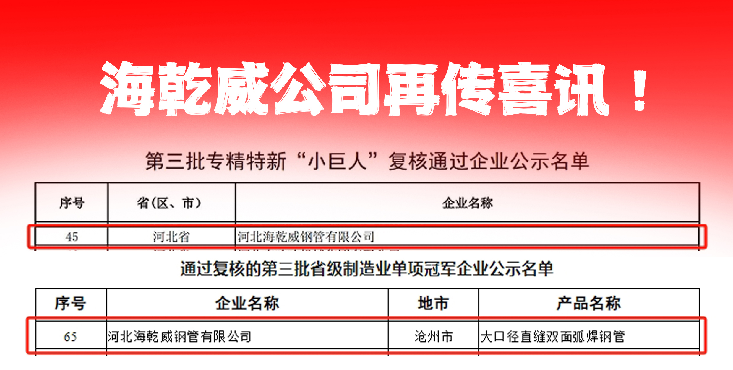 双喜临门！海乾威公司顺利通过第三批专精特新“小巨人”及第三批省级制造业单项冠军企业复审！    